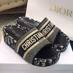 Dior “Dway” Oblique Jacquard Denim Canvas platform sandals sz 7